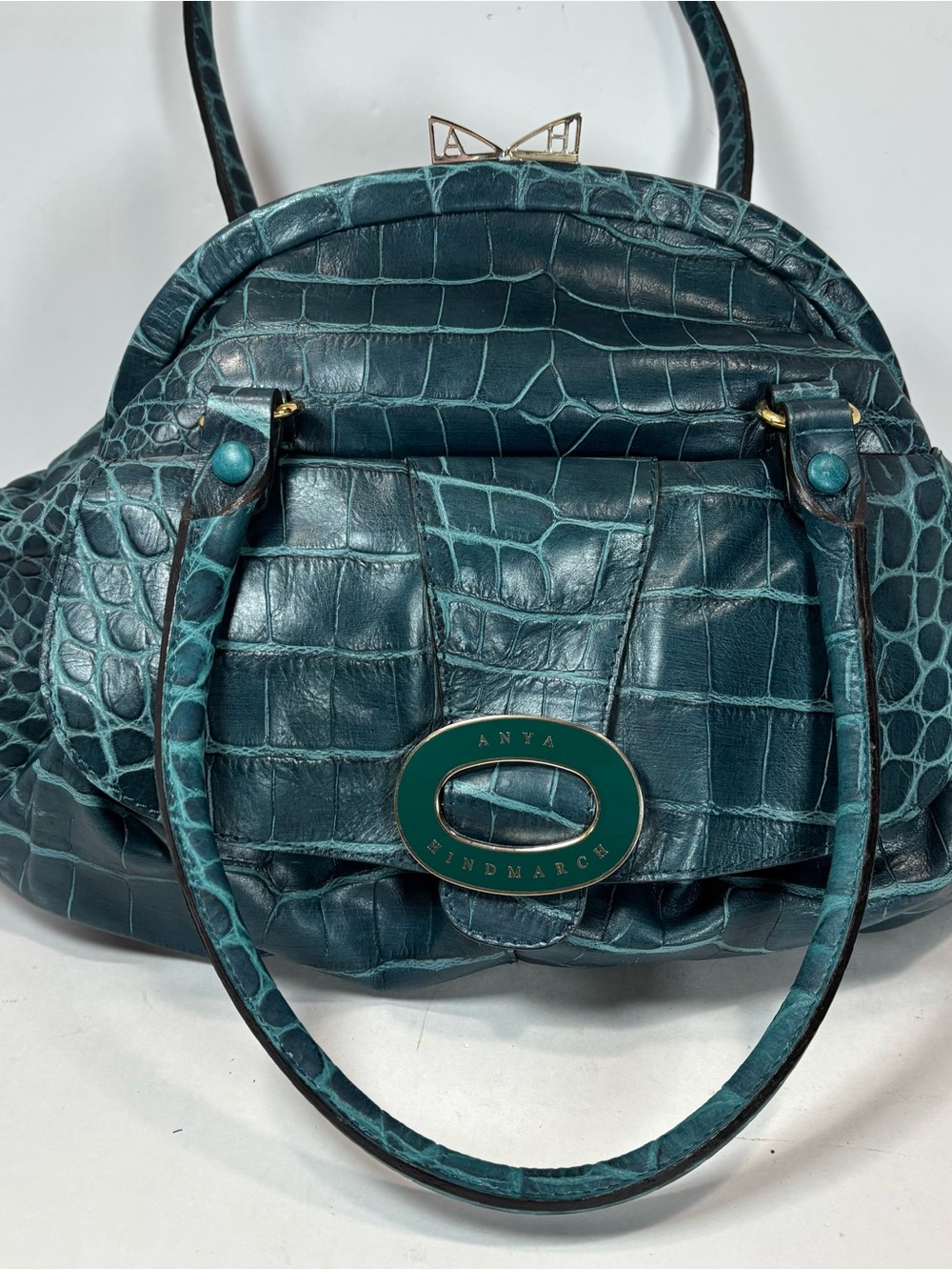 Vintage Anya Hindmarch Teal Crocodile Embossed Leather Tote Bag Satchel Y2K Rare